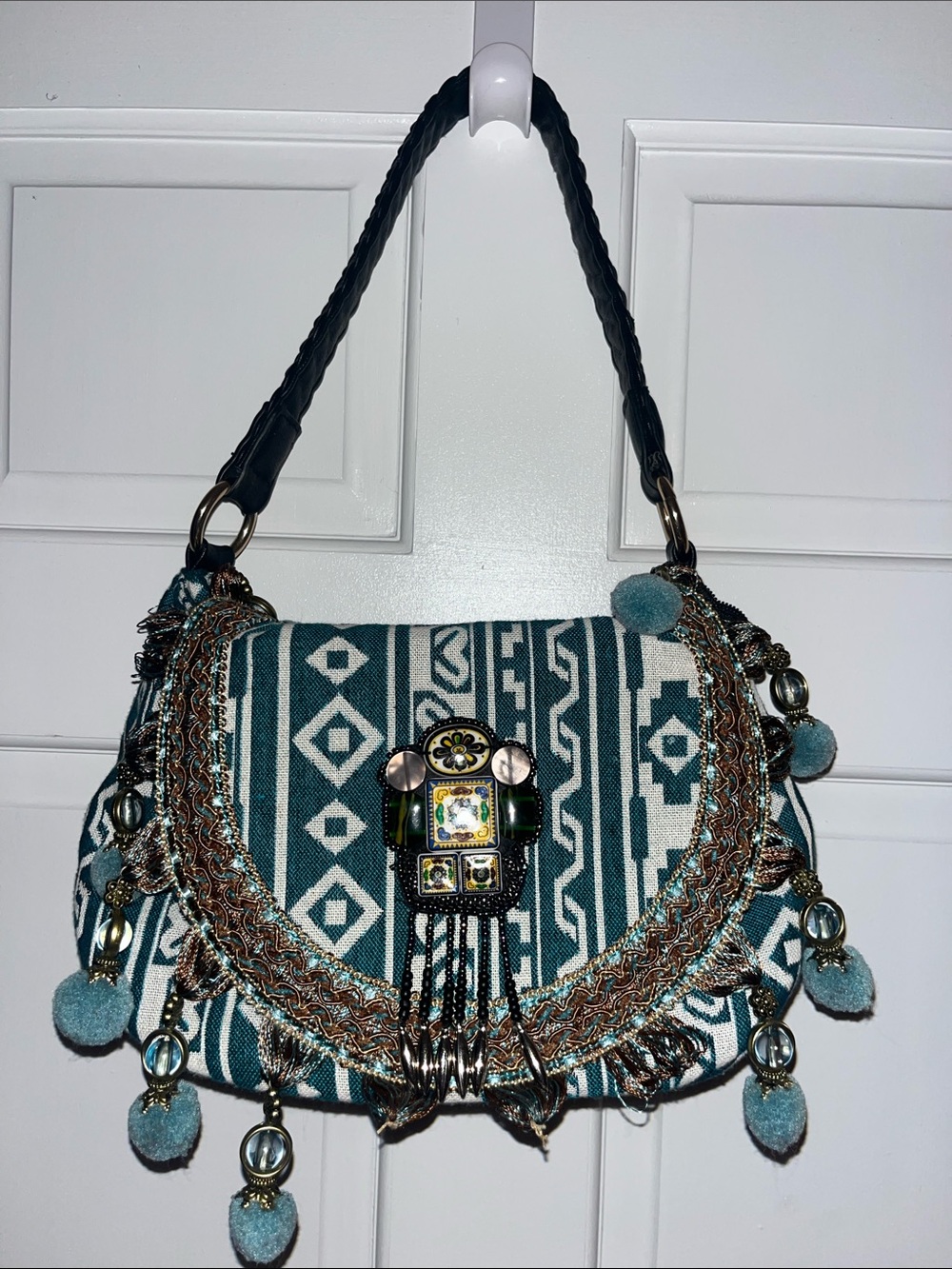 Vieta Bohemian Teal Patterned Shoulder Bag with Tassel & Pom Pom Accents